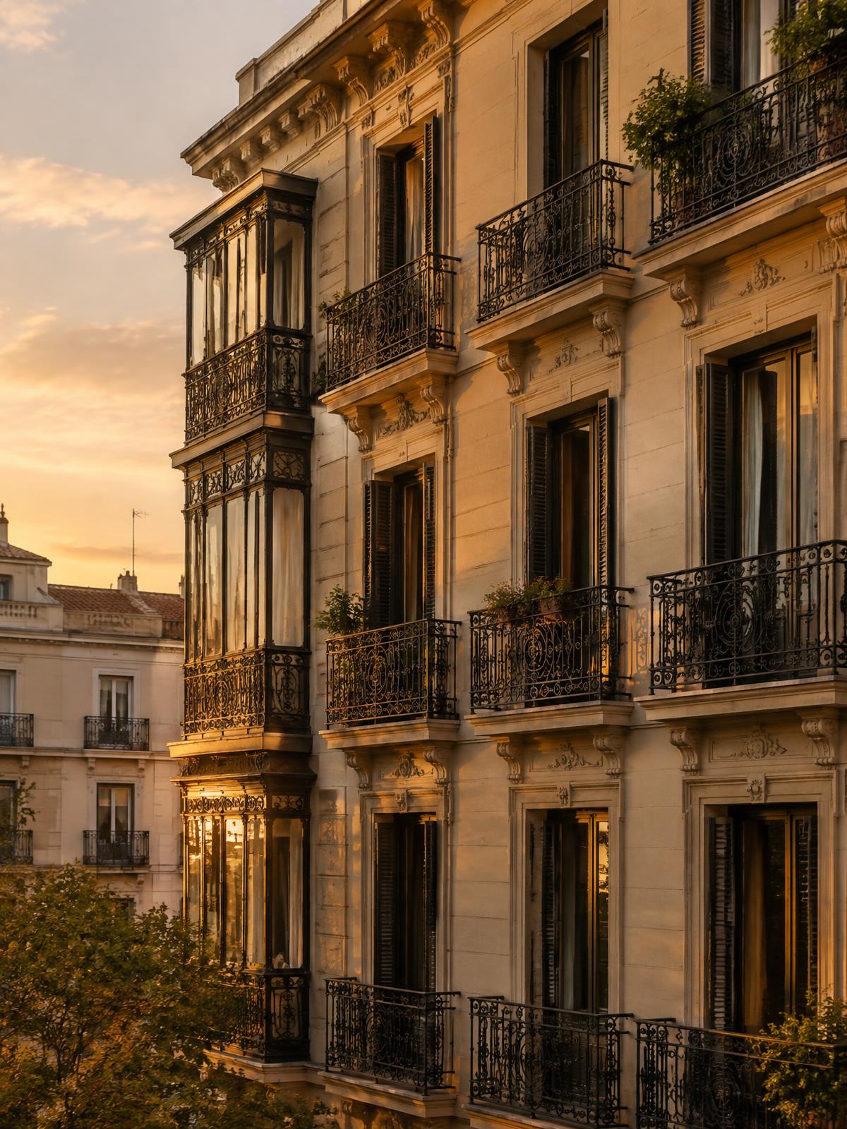 Interior luminoso de una vivienda en Madrid con grandes ventanales